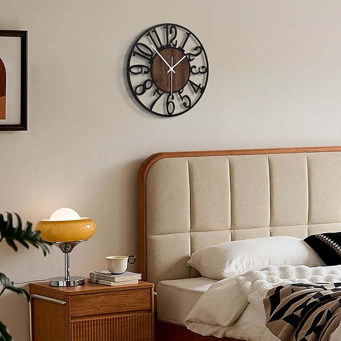 Maxstar Wall Clock Battery Operated,Silent Non-Ticking Modern Rustic Metal Round Clocks Small for Living Room/Bedroom/Office/Kitchen/Farmhouse Home Decor-12 Inch(Brown-Wood)