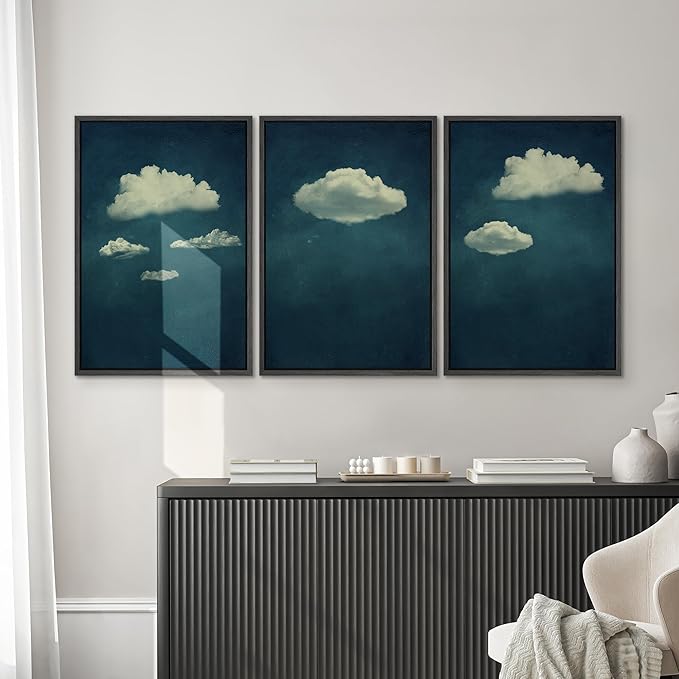 SIGNWIN 3 Piece Framed Canvas Wall Art A Series of White Clouds in The Blue Sky Nature Wilderness Illustrations Abstract Traditional Home Artwork Decoration for Living Room,Bedroom - 16"x24"x3 Black
