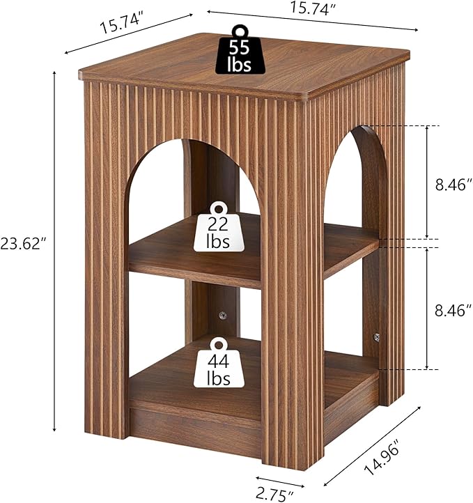 End Table Set of 2, Mid-Century Modern Side Table with 3-Tier Storage Shelves and Arched Carving Lines, Square Fluted Nightstand for Living Room, Bedroom, or Office (2, Walnut)