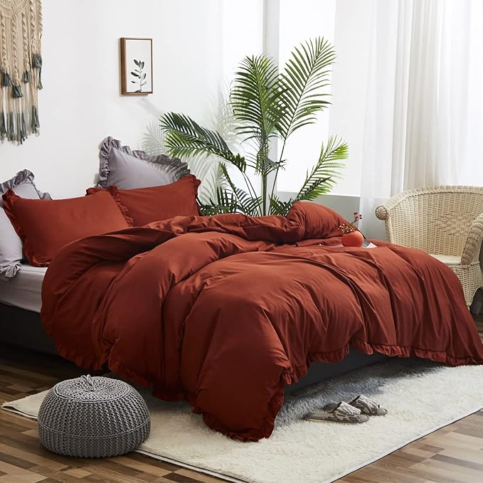 Luxlovery Burnt Orange Ruffle Comforter Set Twin Farmhouse Rust Orange Bedding Comforter Set Shabby Caramel Chic Blanket Quilts Ruffed Reddish Orange Bedding Set for Women Men Adults Kids
