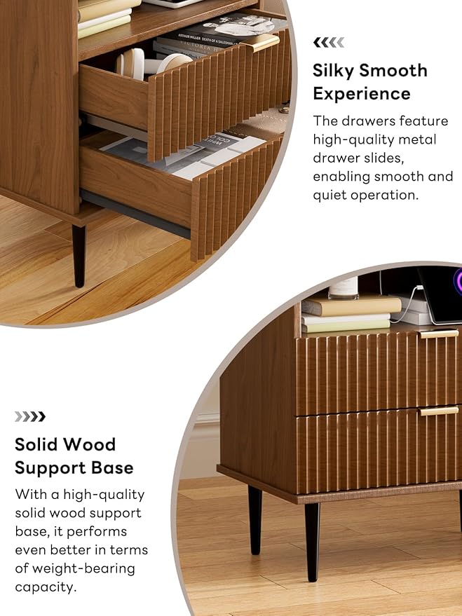 Modern Nightstand with Charging Station, 2 Drawers Fluted Wood Bedside Table with USB, Type-C & Outlets, Metal Legs, Storage Dresser for Bedroom or Living Room (Walnut, 23.3)