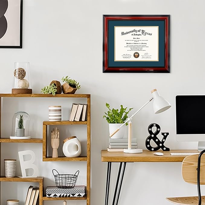11x14 Diploma Degree Frame with Navy Mat or Display 15x18 Certificates without Mat,Solid Wood,Cherry Finish with Intricate Black Rope Detail,UV Protection Acrylic