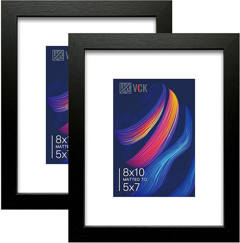 VCK Picture Frame 8×10 Inch Display Picture 5x7 with Mat or 8×10 without Mat Set of 2 Photo Frame with High Definition Real Glass Front Display Tabletop and Wall Mounting Black