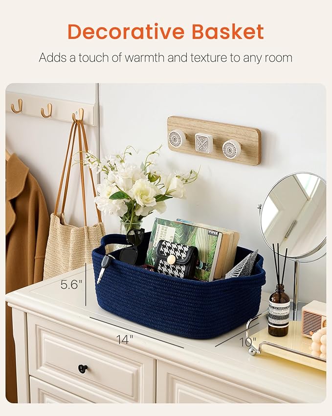 KALLAX Small Woven Basket, 14 x 10 x 5.6 Inches, Small Storage Baskets for Organizing, Gift Baskets Empty, Cute Rope Shelf Closet Storage Bins for Shelves, Dog Toy Basket, Navy Blue