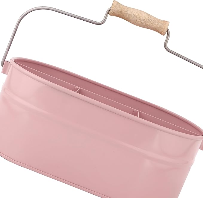Alpha Living Home Farmhouse Utensil Caddy - 4 Compartment Silverware & Kitchen Organizer with Sturdy Wooden Handle, Heavy Duty Metal Alloy Utensil Holder Durable Powder-Coated Finish (Pink)