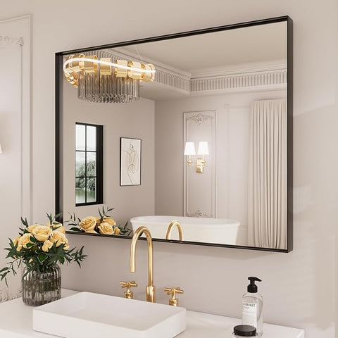 LOAAO Black Bathroom Mirror 30"X36" for Wall, Rectangle Bathroom Vanity Mirror, Tempered Glass, Hangs Vertically or Horizontally, Easy to Install, Modern Design