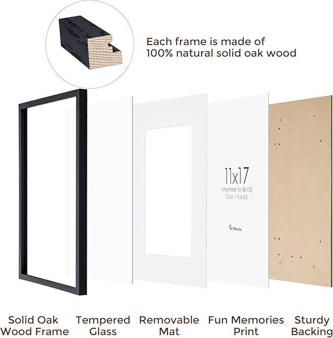 11x17 Black Picture Frames, 11 x 17 Picture Frame Set of 3, High-End Oak Wood Frame 11 by 17, 11x17 Wooden Frame with Tempered Glass, Matted to 8x12, Black Wood 11 x 17 Poster Frame for Wall