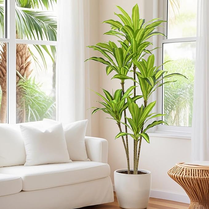 Faux Dracaena Tree 5ft(60in) Artificial Plant with Realistic Leaves and Trunks,Fake Floor Potted Tall Artificial Trees for Home Office Decor Indoor (5Feet,1Pack)
