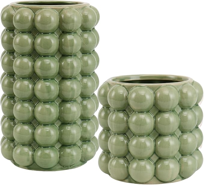 Bubble Vases, Set of 2 Green Ceramic Vases, Short Vases, Ceramic Flower Vases, Unique Vases, Tall Bubble Vases for Coffe Table Decor, Decorative Vases for Living Room, Dining Table, Wedding