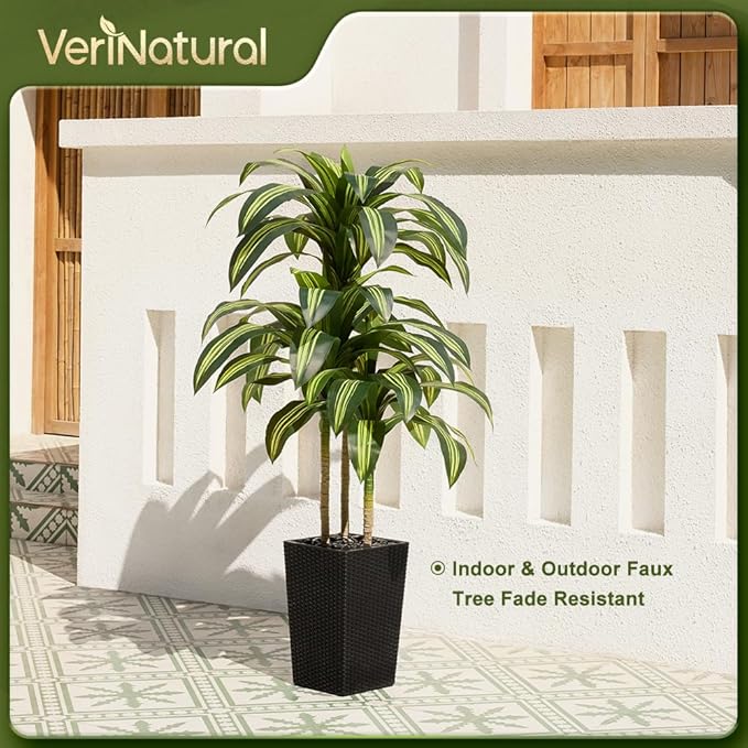 Artificial Dracaena Tree 5FT - UV Resistant Faux Tree with Large Taper Planter & Pebbles - Tall Fake Plants Indoor & Outdoor, Potted Floor Plant for Home Living Room Porch Decor, VN127