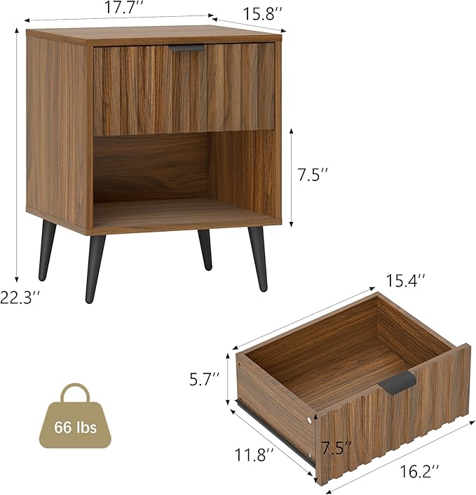 Fluted Nightstand, Natural Wood Nightstand with Drawer and Open Storage, Mid Century Fluted Side Table Modern Bedside Stand with Wood Veneer for Bedroom, Office, Walnut&Brown