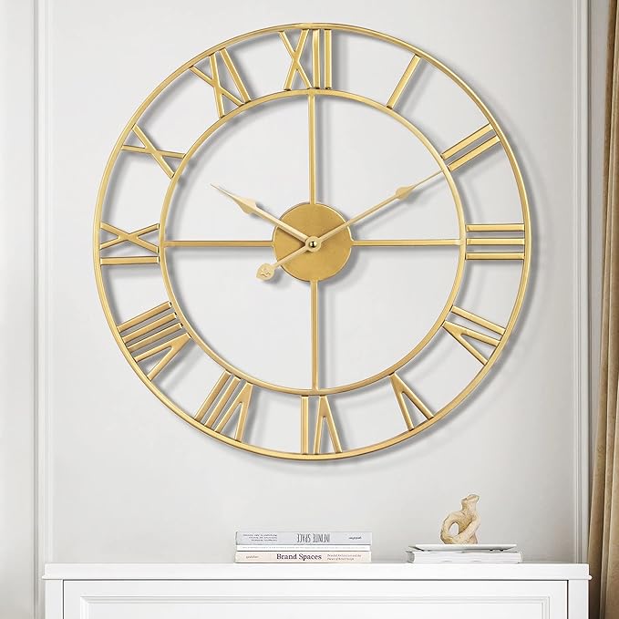 1st owned Large Wall Clock Silent Non-Ticking Roman Numerals Vintage Battery Operated (24 inch,18inch,16inch) Farmhouse Wall Clock for Living Room, Bedroom, Kitchen, Cafe Decor-Gold 40CM