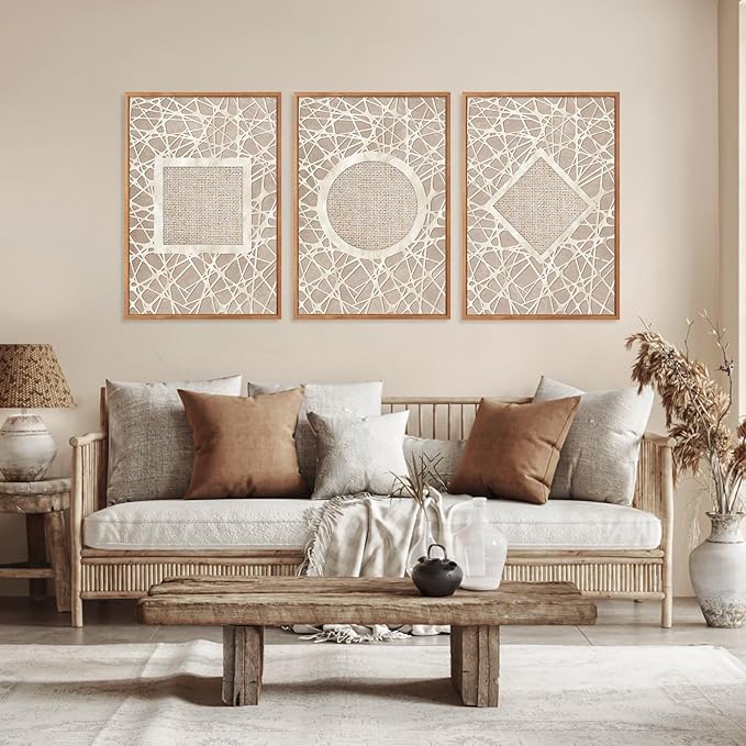 Large Boho Neutral Geometric Framed Canvas Wall Art,Modern Circle Square and Rhombus Wall Decor,Minimalist Shapes Artwork,Abstract Mid Century Art Print For Living Room,Bedroom,Office-24"x36"x3