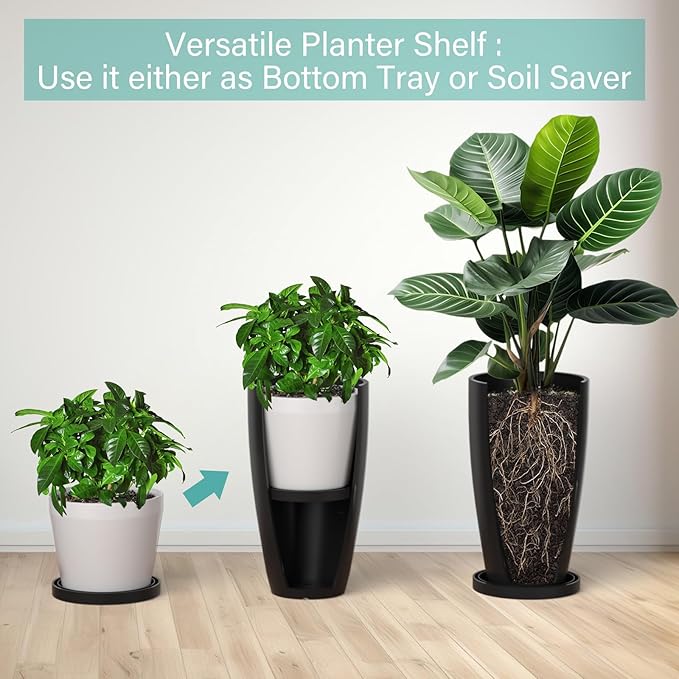 ZMTECH 21 Inch Tall Plant Pots for Indoor & Outdoor Use Set of 2, Large Plastic Planters with Removable Tray for Outside with Drainage Holes for Front Porch Patio Garden, Glossy Black