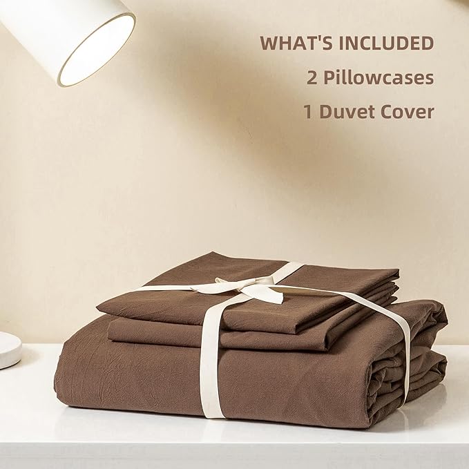 JIYUAN 100% Washed Cotton Duvet Cover Set 3 Pieces Cal King, 1 Duvet Cover 104x98 Inches(Comforter Not Included) and 2 Pillowcases,Linen Feel Bedding Set Comfy and Breathable,Chocolate Brown