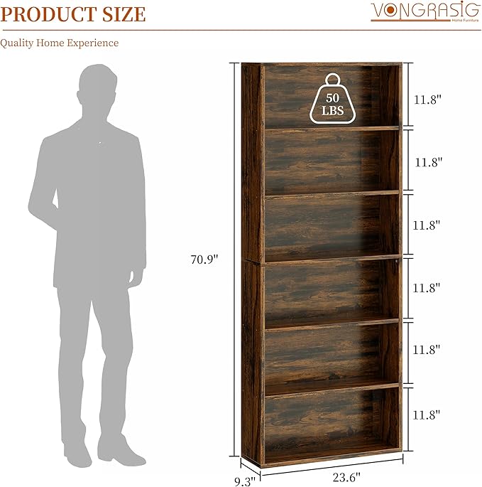 Vongrasig 6-Tier Open Bookcase and Bookshelf, Floor Standing Wood Display Storage Shelves 71 Inch Tall Bookcase Home Decor Furniture for Home Office, Living Room, Bed Room, Rustic Brown, 2 Pieces