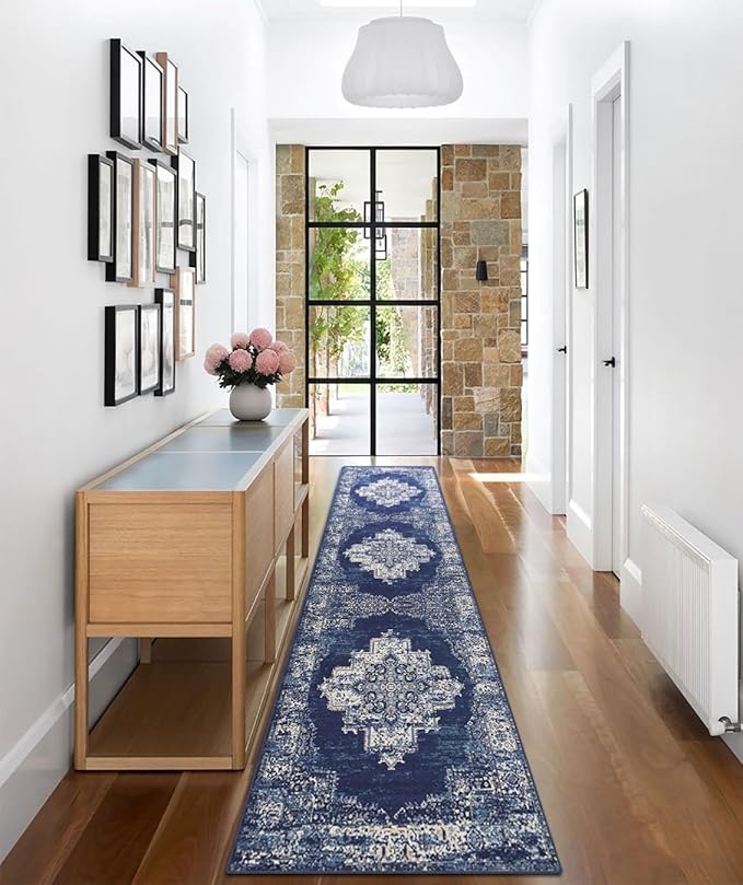 vivorug Runner Rug 2'x8' Machine Washable Non-Slip Runners for Hallways Kitchen Entryway Laundry Room Vintage-Inspired Carpet Hallway Runner Navy Blue