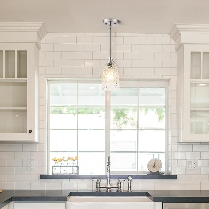 Brushed Nickel Pendant Lights Kitchen Island, 1-Light Hammered Glass Pendant Light Fixtures with Clear Glass and Rods, Modern Hanging Light for Kitchen Sink Dining Room Bedroom, E26