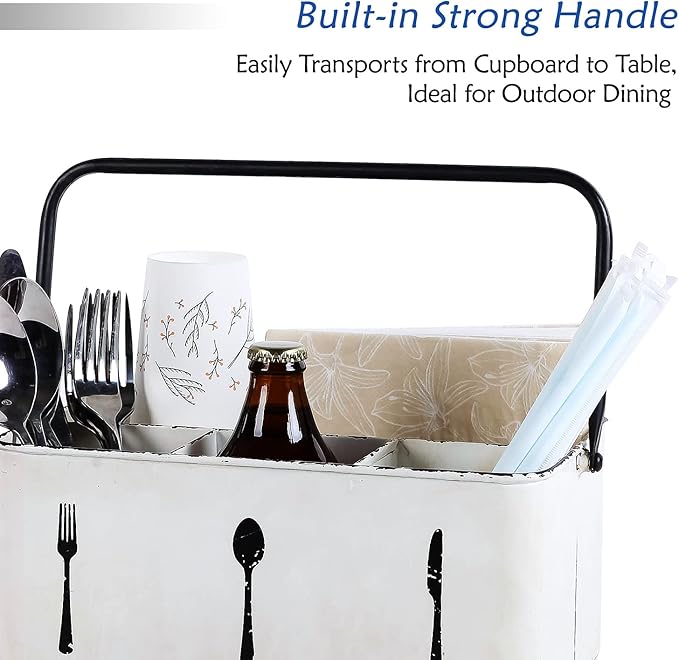NIKKY HOME Utensil Caddy, Farmhouse Rustic Metal Cutlery Silverware Caddy with 4 Compartments, Flatware Holder Organizer for Kitchen Countertop, Picnics, Party, Camping, Outdoor - Distressed White