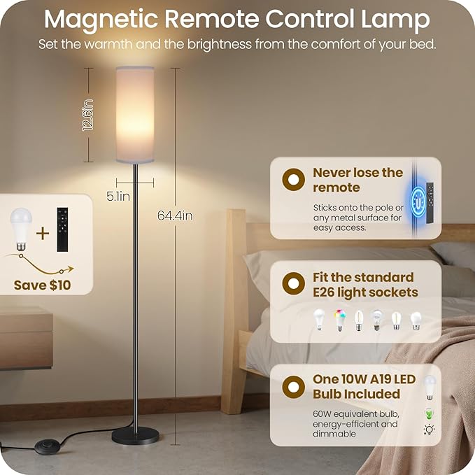 Dimmable Floor Lamp for Living Room with Remote and Foot Switch, Corner Floor Lamp, Modern Standing Tall Lamp, 10W 900LM LED Bulb Included, 3000K-6500K, Linen Shade, Weighted, FCC Listed CW06LD05W1