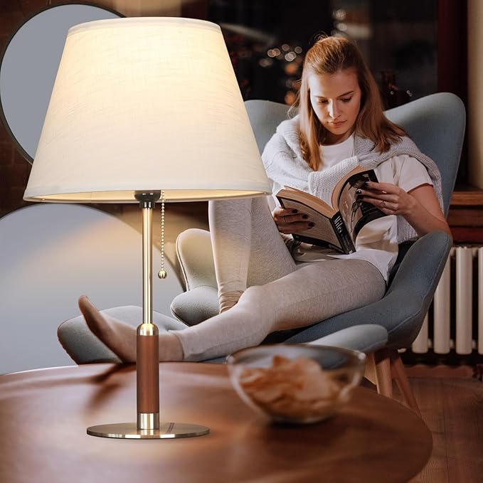 21" Table Lamps for Night Stands Bedside Lamp for Living Room Bedroom Lamp for End Tables 3-Color Pull Chain Switch Walnut Wood Fabric for Home/Office/Desk Decor (Off White+Brushed Nickel)