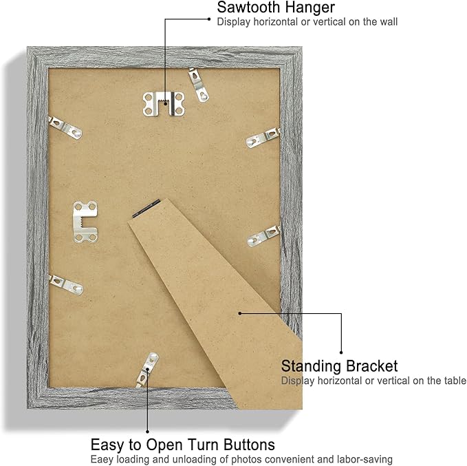 8x11 Picture Frame Set of 2, Made of Real Glass and Rustic Grey Wooden Frame - 8 by 11 Photo for Wall or Tabletop Display