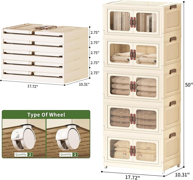 Stackable Storage Bins, Folding Storage Bins with Lids and Doors, Open Front Folding Storage Box with Wheels Plastic Storage Containers (5 Tier (Side Windows Not Visible), 30 Qt)