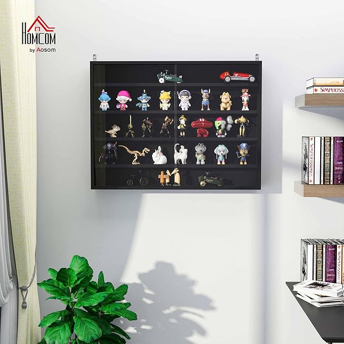 HOMCOM 5-Tier Display Cabinet, Glass Door Cabinet with Adjustable Shelves, Wall-Mounted Display Case for Playroom, Bedroom, Black