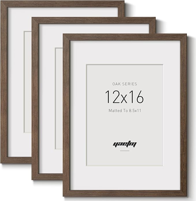 Yaetm 12x16 Picture Frame with Mat for 8.5x11 - Brown Walnut, Solid Wood Photo Frame 12 x 16 for Art Print & Poster, Lightweight, Horizontal and Vertical Wall Mount (3 Pack, Walnut)