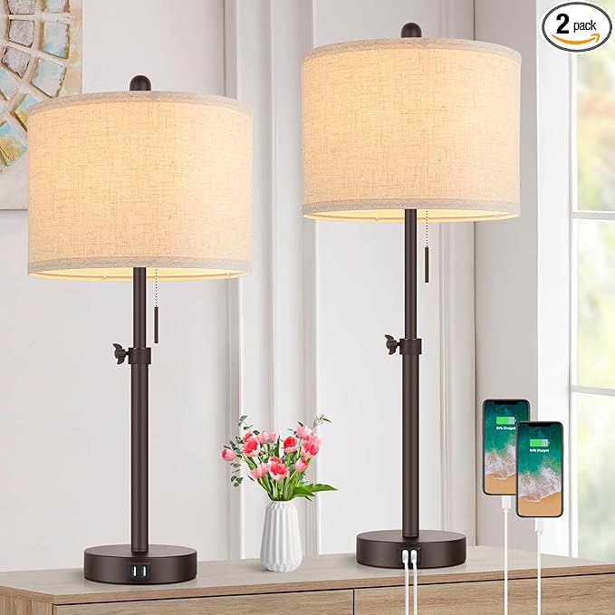 Modern Brown Table Lamps Set of 2, 23’’-30’’ Adjustable Bedroom Lamps with 2 USB Ports, Living Room Lamp Set with Cream Linen Shade, Industrial Desk Lamp for Nightstand End Table Home Office Reading