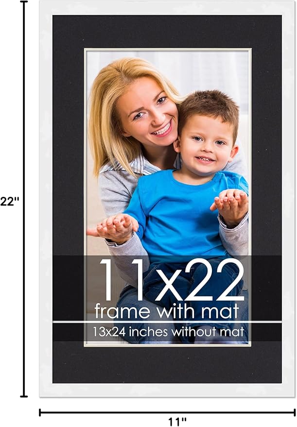 11x22 Frame with Mat - White 13x24 Frame Wood Made to Display Print or Poster Measuring 11 x 22 Inches with Black Photo Mat