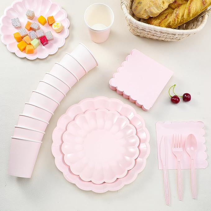 Newtay Light Pink Scalloped Paper Plates Shell Edge Disposable Tableware Cocktail Napkins Cups Plastic Spoons Forks Knives for Wedding Baby Shower Picnic Birthday Party Supply for 50 Guests