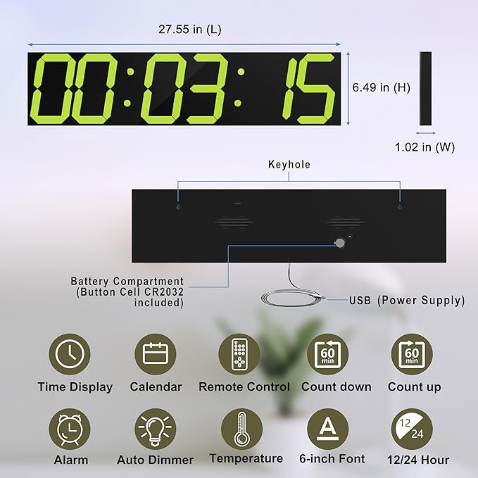 Digital Wall Clock, Oversize Digital Clock with Auto Dimmer, Huge Countdown Timer with Remote Control, 27" Wide Led Display, 6 Digits, Wall Mount, Date and Temperature（Yellow）