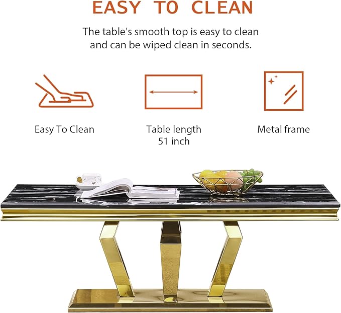 ACEDÉCOR Gold Coffee Table, 48 inch Rectangle Living Room Coffee Table with Polished Geometric Base, Black and Gold Tea Table for Home, Office, Reception Room