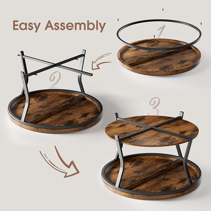Round Coffee Tables for Living Room, Circle Wood Coffee Table, 2 Tier Industrial Modern Center Table with Thickened Tabletop and Metal Frame, 31.5 inch (Rustic Brown)
