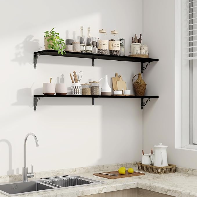 Fun Memories Large Floating Shelves for Wall 48 Inches Long, 8 Inch Deep Shelves with Metal Bracket, 48 Inch Floating Shelves Wall-Mounted, Wide Display & Storage Bookshelves, Black, Set of 2