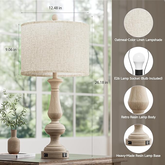 26" Farmhouse Resin Table Lamp for Bedroom Set of 2, Retro Bedside Lamps for Nightstand with USB C+A Ports, 3 Color Temperature Desk Lamp, Vintage Table Lamps for Living Room (Bulb Included)