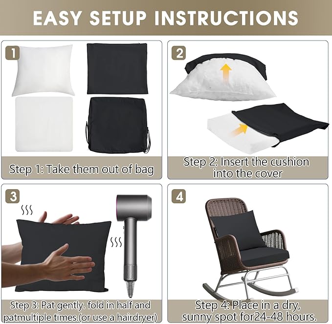 Outdoor Seat Cushion Set 19 x 19 In, Water-Resistant & Fade-Resistan, Patio Furniture Cushions with Removable Cover Deep Seat & Back Cushion with Handle and Adjustable Straps for Chair Sofa,2PC