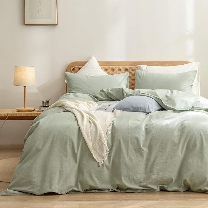 BESTOUCH Duvet Cover Set 100% Washed Cotton Linen Feel Super Soft Comfortable Chic Lightweight 3 PCs Home Bedding Set Sage Green King