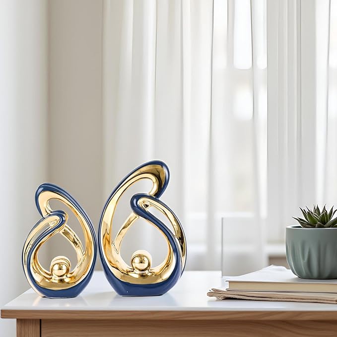 XMGZQ Home Decor Accent,Porcelain Art Mid Century Bookshelf Decorations,Gold Centerpieces for Tables,Abstract Ceramic Statue Sculpture for Coffee Table Mantel Tv Stand Centerpieces (Blue, Small)