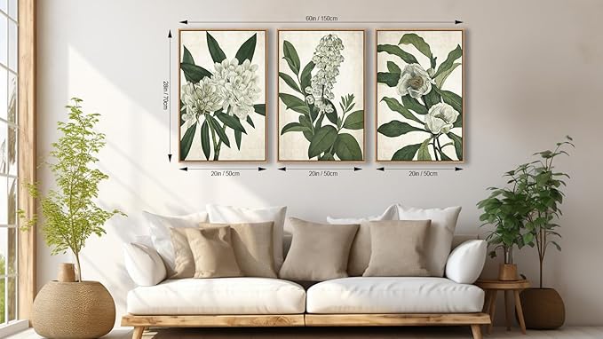 Large Framed Canvas Wall Art - Natural Float Framed White Flowers Green Leaves Pictures Decor Simple Botanical Plants Artwork for Living Room Bedroom Kitchen Home Office Decoration 60" X 28" Set of 3