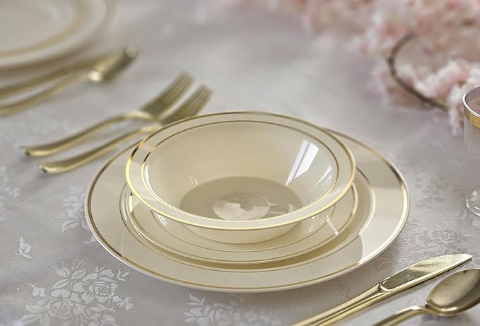 OCCASIONS 120 Plates Pack, Heavyweight Disposable Wedding Party Plastic Plates (7.5'' Appetizer/Dessert Plate, Ivory & Gold Rim)