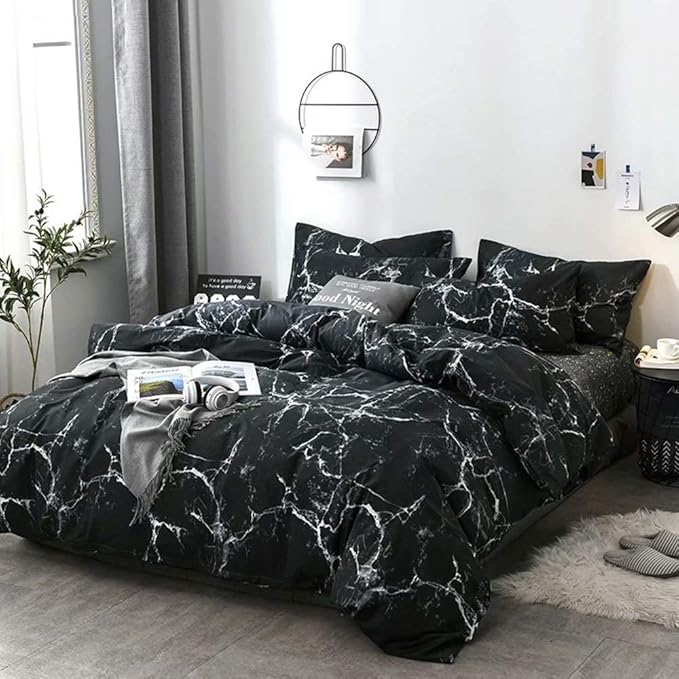 Luxlovery Black Marble Comforter Set King Black and White Marble Bedding Comforter Set Women Men Gothic Abstract Comforter King Size Breathable Soft Cozy Blanket Quilts Comforter with 2 Pillowcases