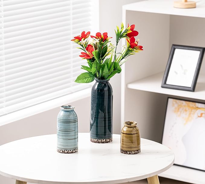 Ceramic Vase Set of 3, Farmhouse Decorative Vase for Pampas Grass, Living Room, Bathroom,Bookshelf, Centerpieces (Blue/Navy Blue/Yellow)