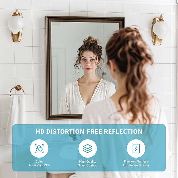 Retro Copper Effect Framed Wall Mirror, 22x30 Rectangle Mirror, 1/8"Anti-desilvering Tempered Glass, Sustainable&Sturdy Frame, Anti-Rust, HD Reflection &3min Fast Setup for Bathroom Living Room
