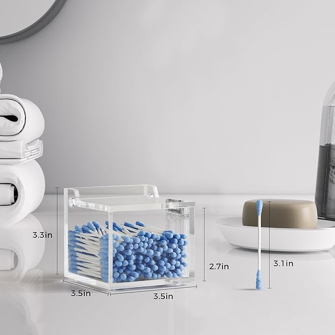 Clear Acrylic Qtip Holder With Lid Cotton Balls Swab Organizer,Square Q Tip Storage, Floss Picks, Bath Salts, Cotton Wab Holder,Home Bathroom Decor (DP011)