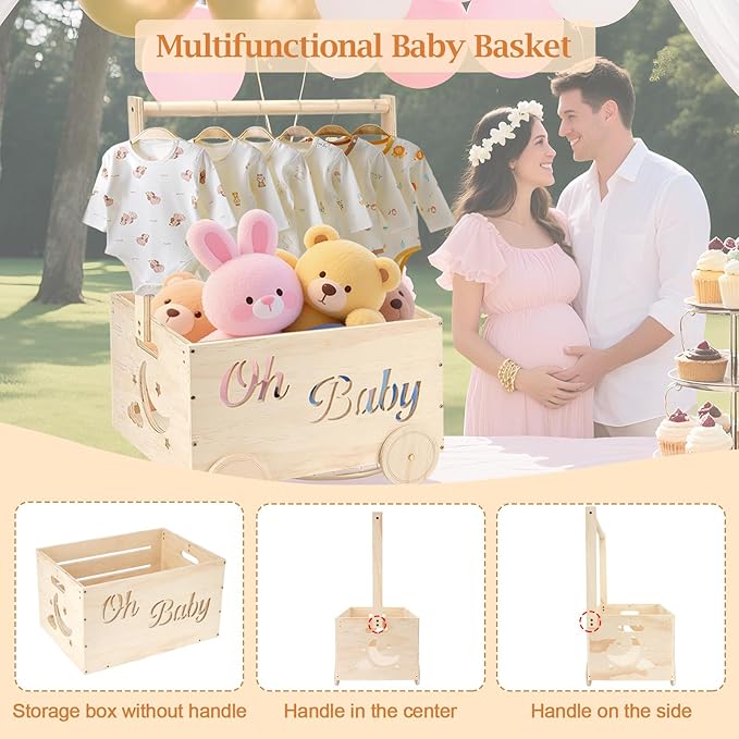 Wooden Baby Shower Crate Closet, Baby Shower Gifts Basket for Newborn Boys Girls, Personalized Babyshower Crate Box with Handle & Wheels, Pregnancy Gifts for New Mom Parents