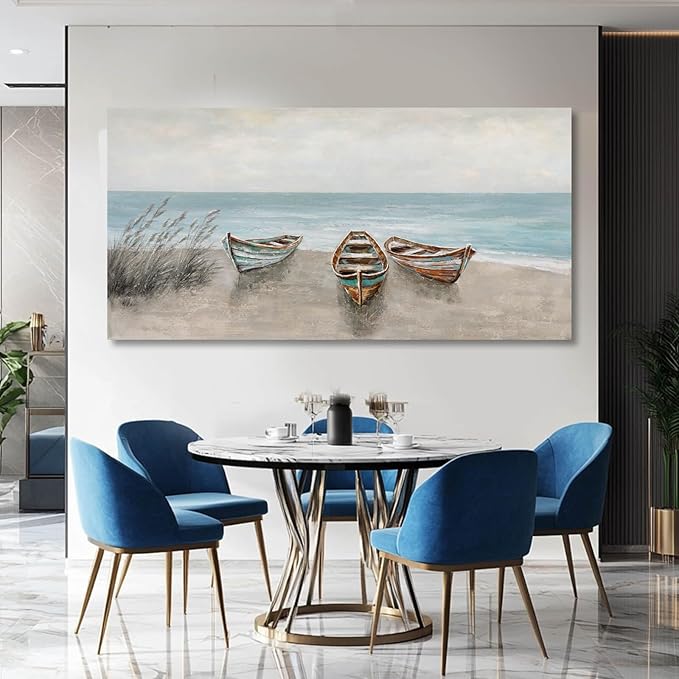 WINKAILIN Large Landscape Wall Art Blue Ocean Pictures Wall Decor Wooden Boat Painting Artwork for Walls Living room Office Home Decoration 29x58 Inch