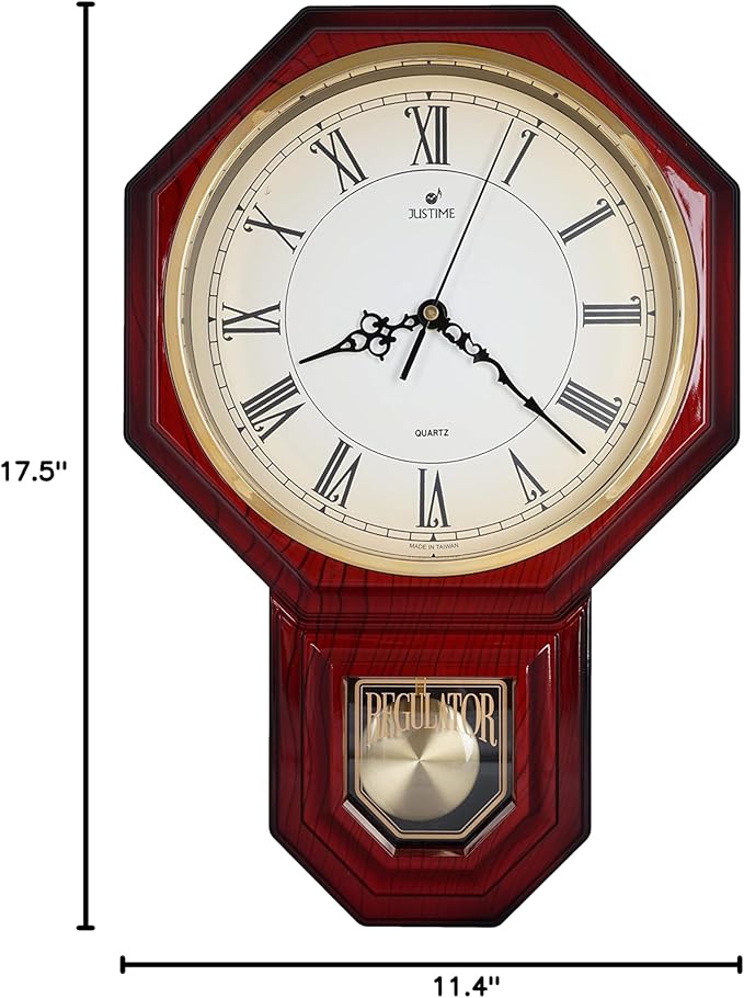 JUSTIME Traditional Schoolhouse Gradient Roman Regulator Wall Clock, Chiming Wall Clocks with Pendulum & Westminster Chime Hourly, Schoolhouse Wall Decor Battery Operated (Red Mahogany)