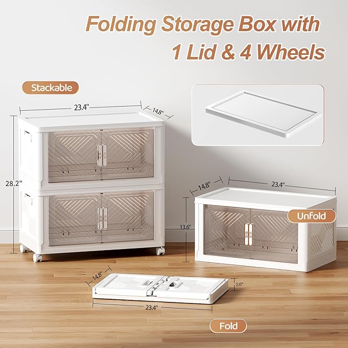 Storage Bins with Lid 76QT, Stackable Storage Containers with Wheels and Magnetic Doors, Plastic Clothes Closet Organizers and Storage Box for Pantry, Home and Office(2 Pack)